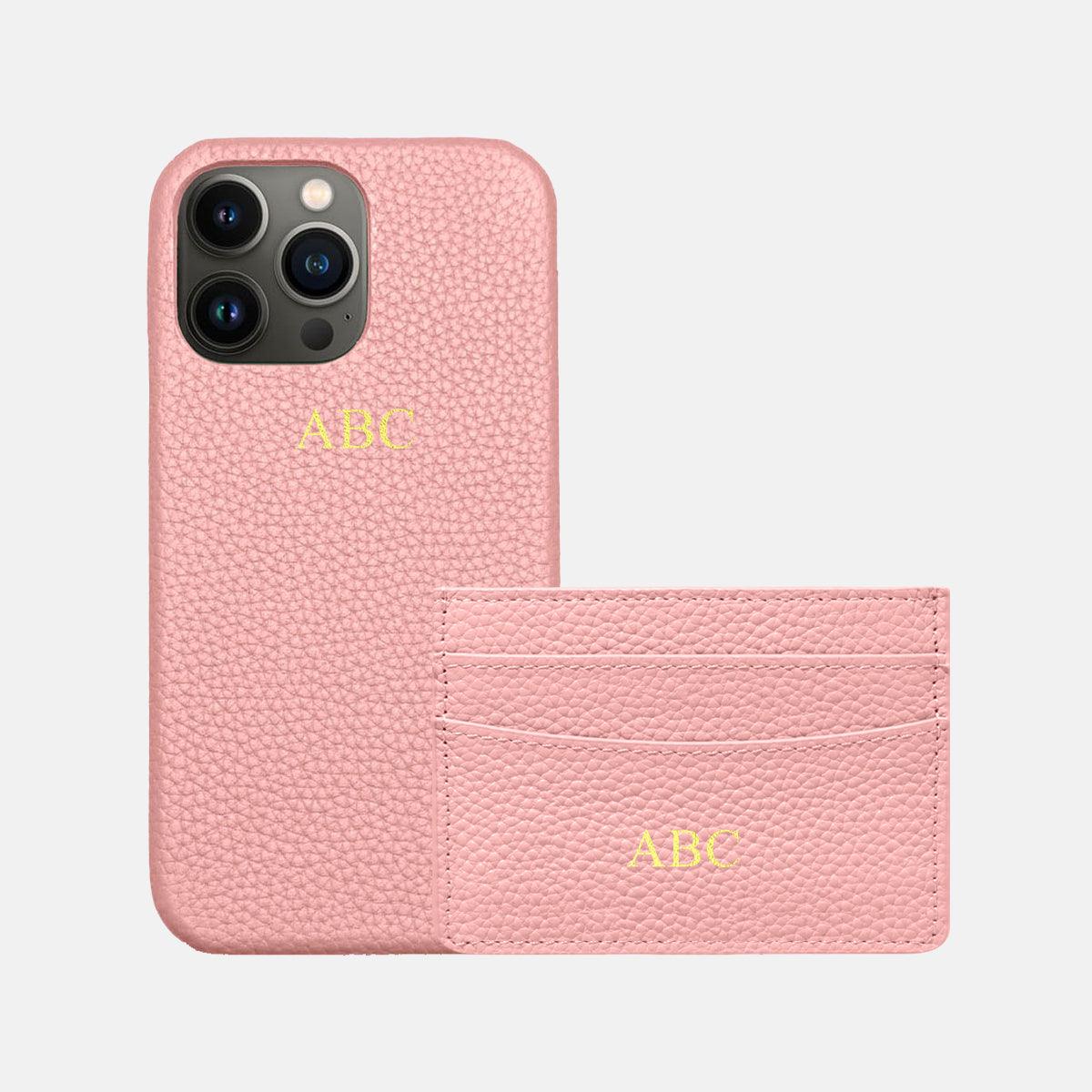 Personalised Pink Pebble Leather Phone Case & Card Holder Set 